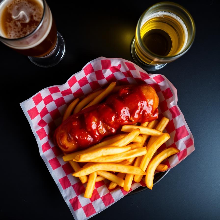 Currywurst mit Pommes und Bier